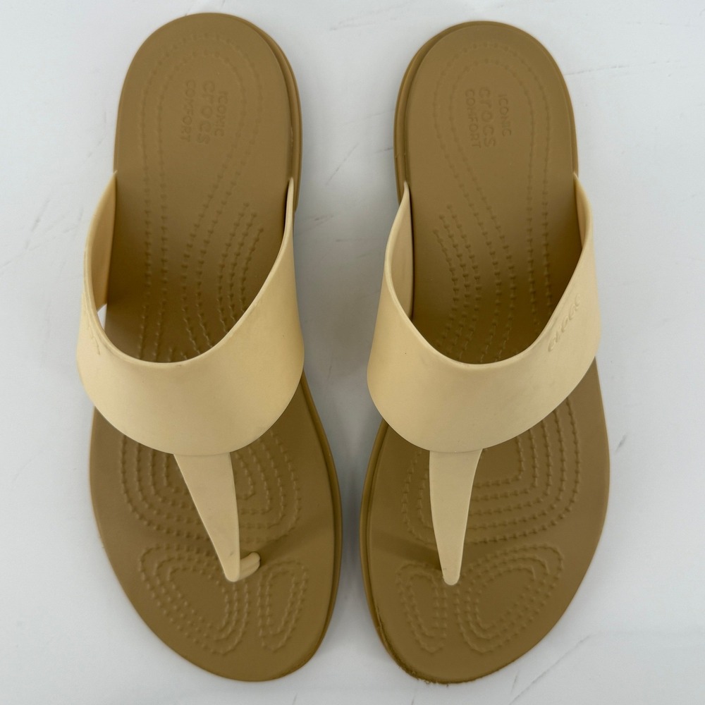 Crocs Tulum Flip Flop Sandal Tan Cream Women 9 Slip On Casual Comfy Beach Vacay - Picture 4 of 9